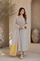 Elegant Embroidered Cotton Blend Kurta Set with Contrast Yellow Dupatta