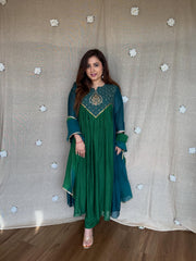 Women's Emerald Green Embroidered Anarkali Kurta Set with Dupatta