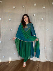 Women's Emerald Green Embroidered Anarkali Kurta Set with Dupatta