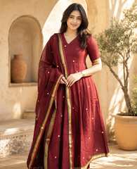 Maroon Festive Anarkali Suit Set with Golden Border & Dupatta