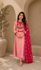 Blush Pink Embroidered A-Line Kurta Set with Fuchsia Woven Dupatta
