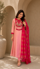 Blush Pink Embroidered A-Line Kurta Set with Fuchsia Woven Dupatta