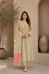 Elegant Embroidered Cotton Blend Kurta Set with Contrast Pink Dupatta