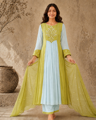 Mint Green Embroidered Anarkali Suit Set with Lime Dupatta