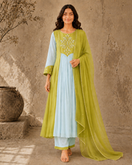 Mint Green Embroidered Anarkali Suit Set with Lime Dupatta