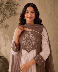 Brown Embroidered Anarkali Suit Set with Brown Dupatta