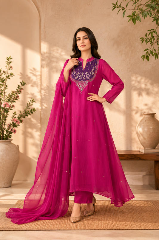 Women's Fuchsia Embroidered Anarkali Suit Set with Dupatta