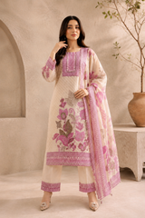 Beige & Magenta Floral Printed Soft Silk Suit Set With Embroidered Neckline & Dupatta