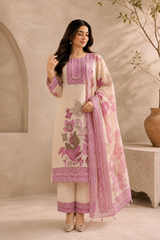 Beige & Magenta Floral Printed Soft Silk Suit Set With Embroidered Neckline & Dupatta