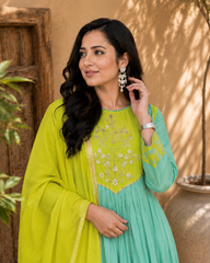 Mint Green Embroidered Anarkali Suit Set with Lime Dupatta