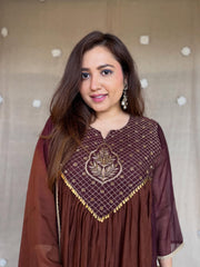 Women's Coffee Brown Embroidered Anarkali Kurta Set with Dupatta