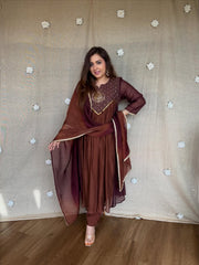 Women's Coffee Brown Embroidered Anarkali Kurta Set with Dupatta