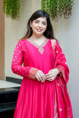 Pink Banarasi Anarkali Suit Set With Zari Border Dupatta