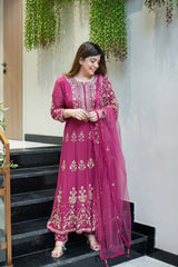 Wine Pink Embroidered Anarkali Suit Set with Dupatta