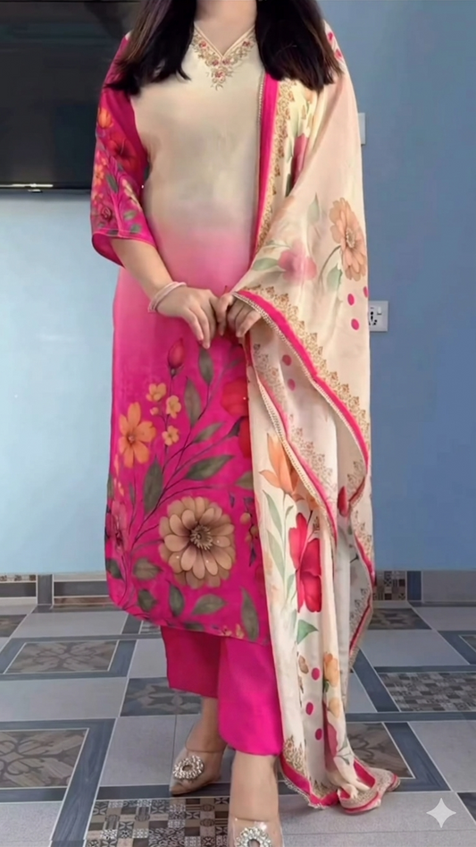 Elegant Pink Floral Printed Kurta Pant Dupatta Set for Women