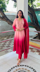 Elegant Peach to Red Embroidered Kurta Set with Dupatta