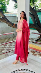 Elegant Peach to Red Embroidered Kurta Set with Dupatta