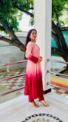 Elegant Peach to Red Embroidered Kurta Set with Dupatta