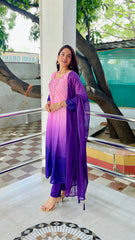 Elegant Pink to Royal Purple Ombre Embroidered Kurta Set with Dupatta