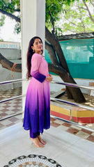 Elegant Pink to Royal Purple Ombre Embroidered Kurta Set with Dupatta