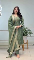 Royal Sage Green Embroidered Ethnic Suit Set with Elegant Dupatta
