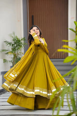 Elegant Mustard Green Flared Anarkali Kurta Set with Matching Dupatta