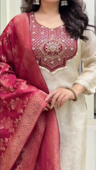 Elegant Ivory Embroidered Kurta Set with Designer Dupatta