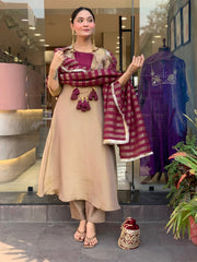 Elegant Beige & Wine Embroidered Kurta Pant Set with Striped Dupatta for Women