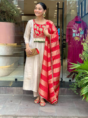 Red & Ivory Embroidered Anarkali Suit Set with Striped Tissue Dupatta