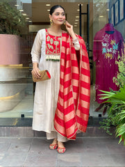 Red & Ivory Embroidered Anarkali Suit Set with Striped Tissue Dupatta
