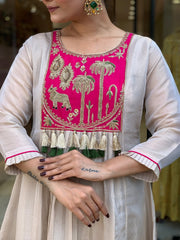 Pink & Ivory Embroidered Anarkali Suit Set with Striped Tissue Dupatta