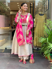 Pink & Ivory Embroidered Anarkali Suit Set with Striped Tissue Dupatta