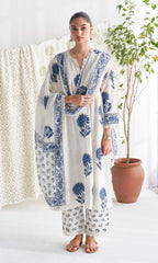 Blue Block Printed Side gather kurta with palazzo and printed dupatta