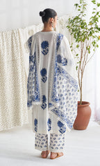 Blue Block Printed Side gather kurta with palazzo and printed dupatta