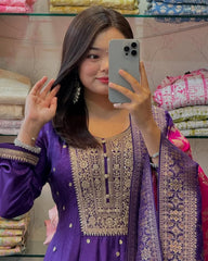 Purple Floral Printed Anarkali Kurta Set with Dupatta for Women