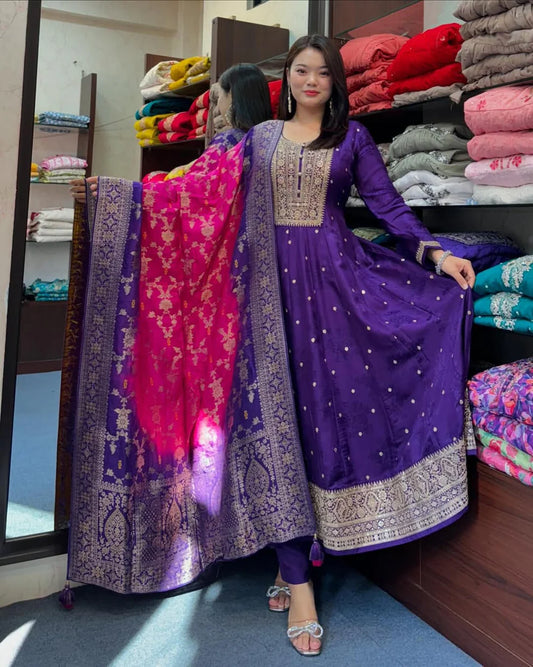 Purple Floral Printed Anarkali Kurta Set with Dupatta for Women