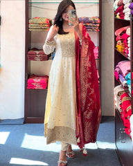 White Floral Printed Anarkali Kurta Set with Dupatta for Women