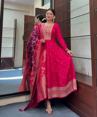 Pink Floral Printed Anarkali Kurta Set with Dupatta for Women