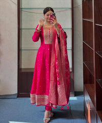 Pink Floral Printed Anarkali Kurta Set with Dupatta for Women
