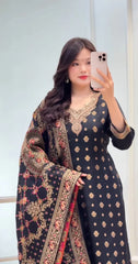 Black Banarasi Silk Blend Embroidered Kurta Pant Set with Dupatta for Women