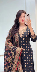 Black Banarasi Silk Blend Embroidered Kurta Pant Set with Dupatta for Women
