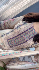 Beige Floral Printed & Embroidered Kurta Set with Dupatta
