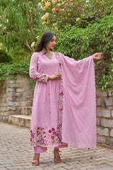 Pink Floral Embroidered Anarkali Kurta Set with Dupatta