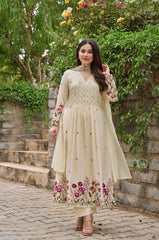 Cream Floral Embroidered Anarkali Kurta Set with Dupatta