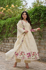Cream Floral Embroidered Anarkali Kurta Set with Dupatta