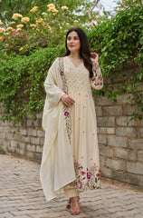 Cream Floral Embroidered Anarkali Kurta Set with Dupatta