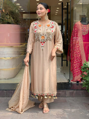 Elegant Beige Cotton Embroidered Kurta Set with Dupatta