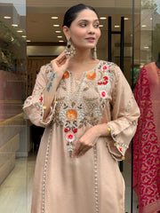 Elegant Beige Cotton Embroidered Kurta Set with Dupatta