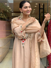 Elegant Beige Cotton Embroidered Kurta Set with Dupatta