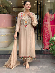Elegant Beige Cotton Embroidered Kurta Set with Dupatta